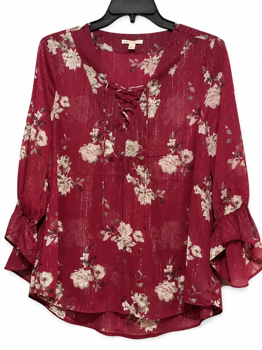 Catos Women's Sz Medium Semi-Sheer Floral Lace-Up Ruffle Sleeve Blouse